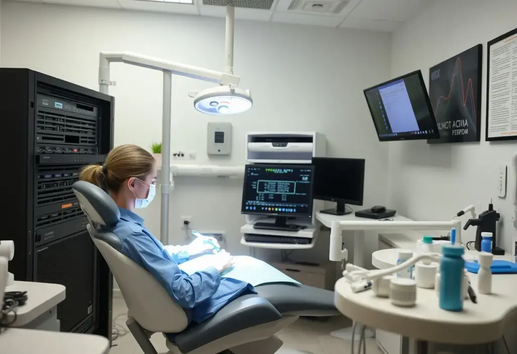 Dental IT technician performing data backup in a Bay Area dental clinic