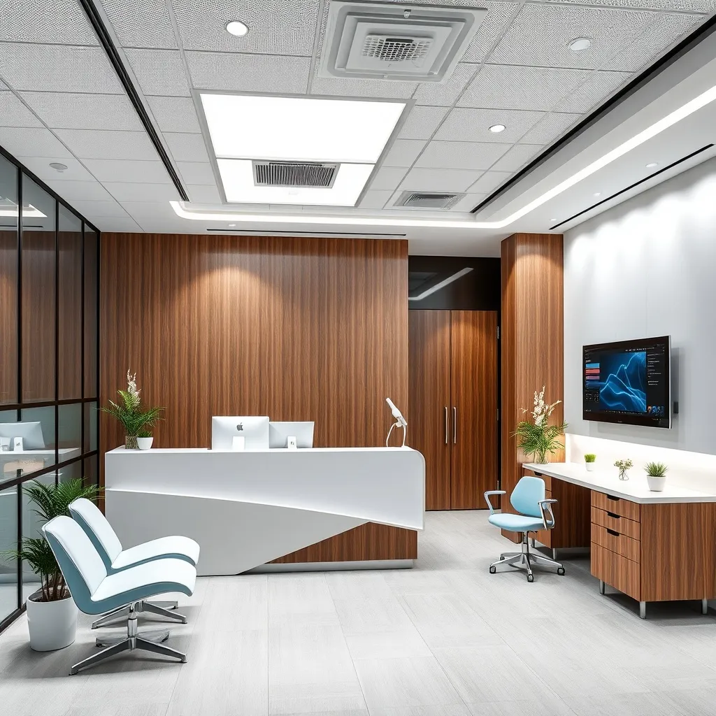 Clean and modern pediatric dental reception area in Oakland with integrated technology.